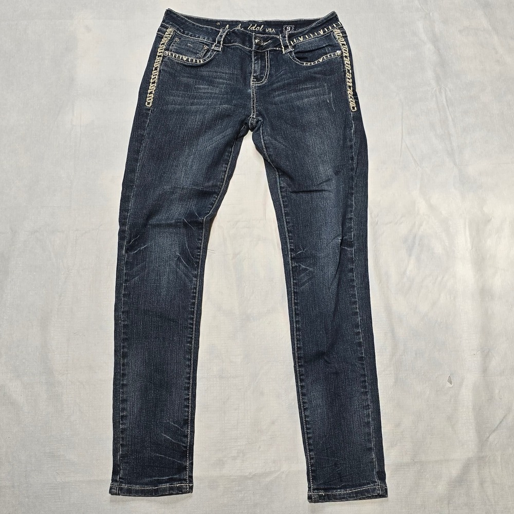 LA Idol USA Womens Skinny Jeans Dark Wash Rhinestone Thick Stitch Size 9